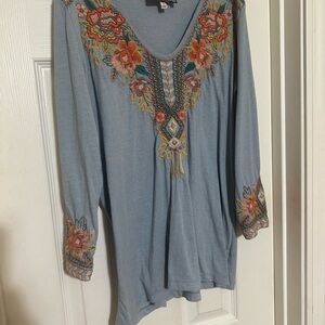 Johnny Was Light Blue Tunic with Floral Embroidery